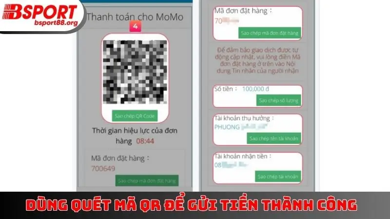 Dùng quét mã QR để gửi tiền thành công